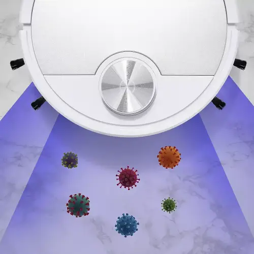 Close-up of WuzuTech RoboVac X detecting and cleaning debris and allergens on a floor